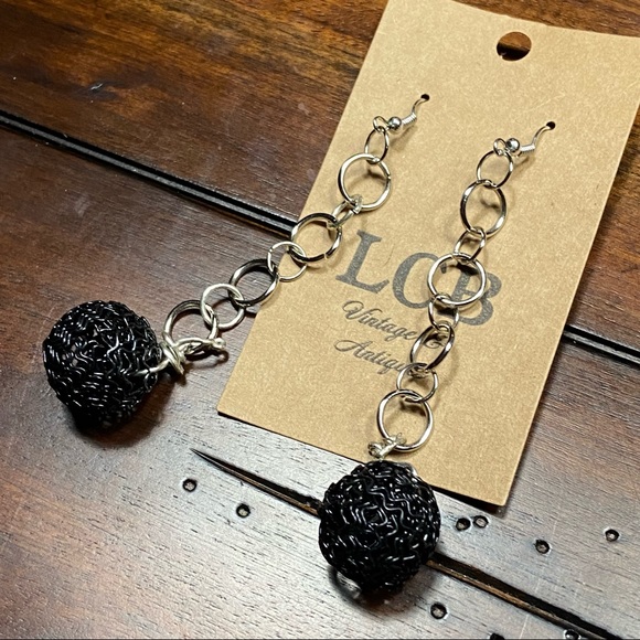 Black Woven Chain Link Ball Extra Long Bohemian Boho Gypsy Drop Earrings - Picture 6 of 9